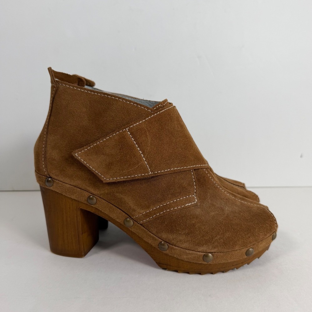 Eric Michael Suede Wooden Heel Ankle Bootie Peep Toe Brown EU40 US9-9.5 Boho